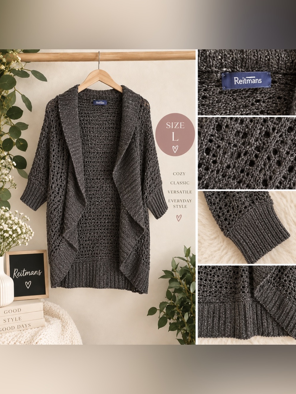 Reitmans Charcoal Open Knit Waterfall Cardigan – Women’s Large